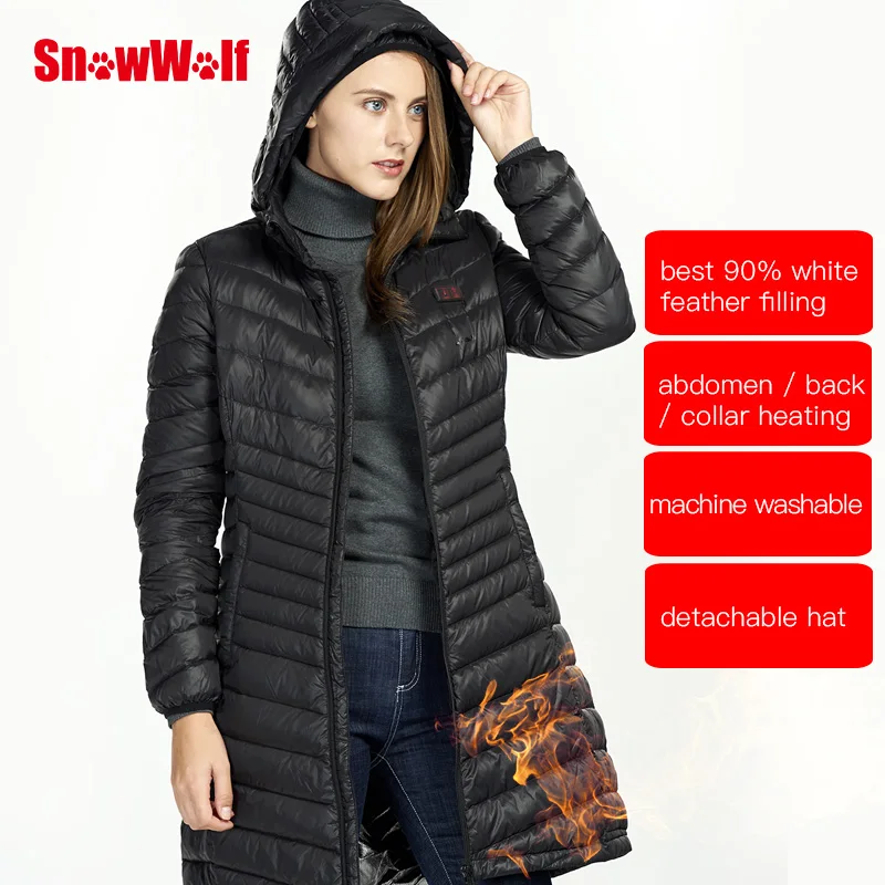 Enlarge SNOWWOLF  Women Winter Duck Down Jacket USB Infrared Heated Hooded Long Outdoor Sport Camping Fishing Thermal Heating Coat