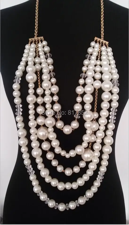 

New Style Fashion Women Gold colour Chains Layers Imitation Pearls Beads Necklace Chains Jewelry 2 Colors WRPE42
