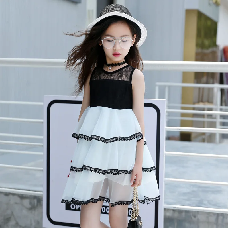 summer lace chiffon dress for 3 - 12 yrs baby girls kids children black white Layered cupcake dresses little beach clothes | Детская