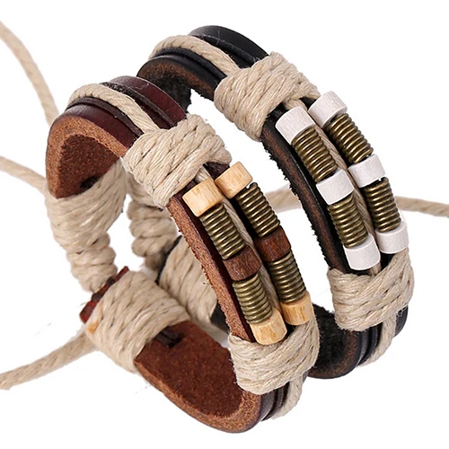 Мужской и женский браслет в стиле панк кожаный с бронзовыми весенними