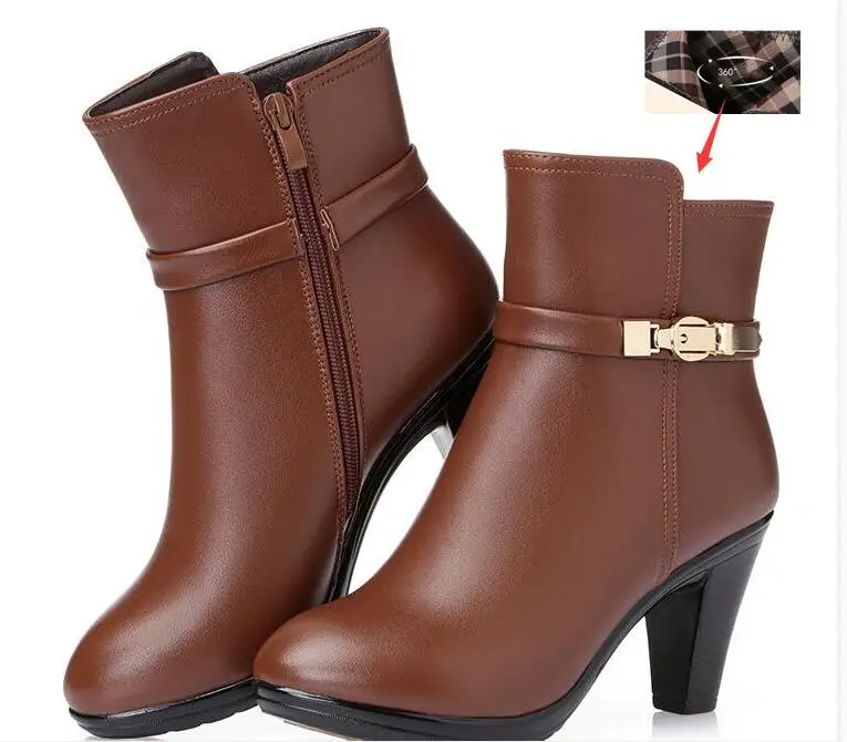 brown inside cloth Новинка года; сезон осень-зима; Модные Ботинки martin; обувь из натуральной кожи; женские зимние ботинки с шерстью; ботильоны на высоком каблуке; женские ботинки - Цвет: brown inside cloth