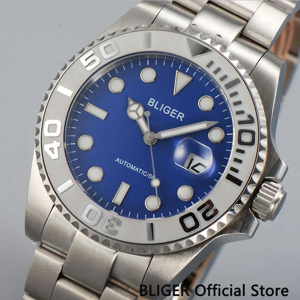 

43mm BLIGER Blue Dial Luminous Sapphire Glass Ceramic Bezel MIYOTA Automatic Movement Men's Watch SS Strap