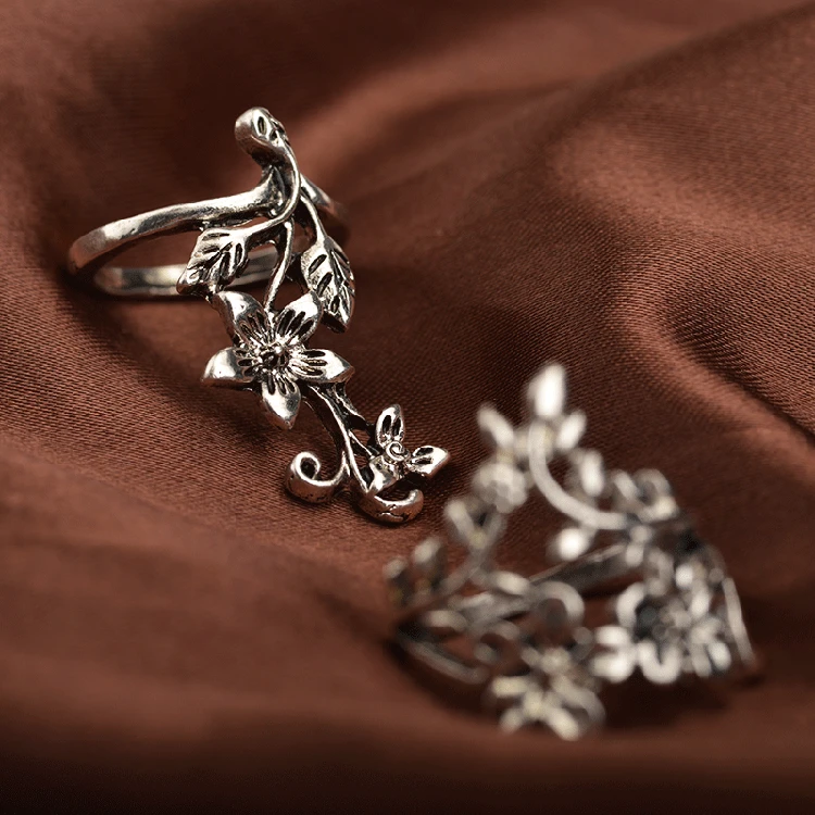 WKOUD Alloy Metal Three-Dimensional Flower Leaf 4 Piece Set Ring Silver color for women Vintage Lady Jewelry | Украшения и