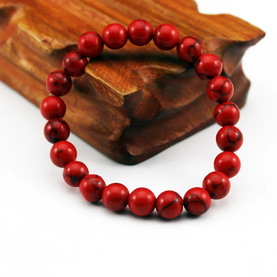 Red Turquoise Чакра браслет из бисера для мужчин 8 мм натуральный камень Лава Рок тигровый глаз черный ониксовый матовый бусины из лечебных камней стрейч Шарм Йога женщин ювелирные изделия - Окраска металла: Red Turquoise