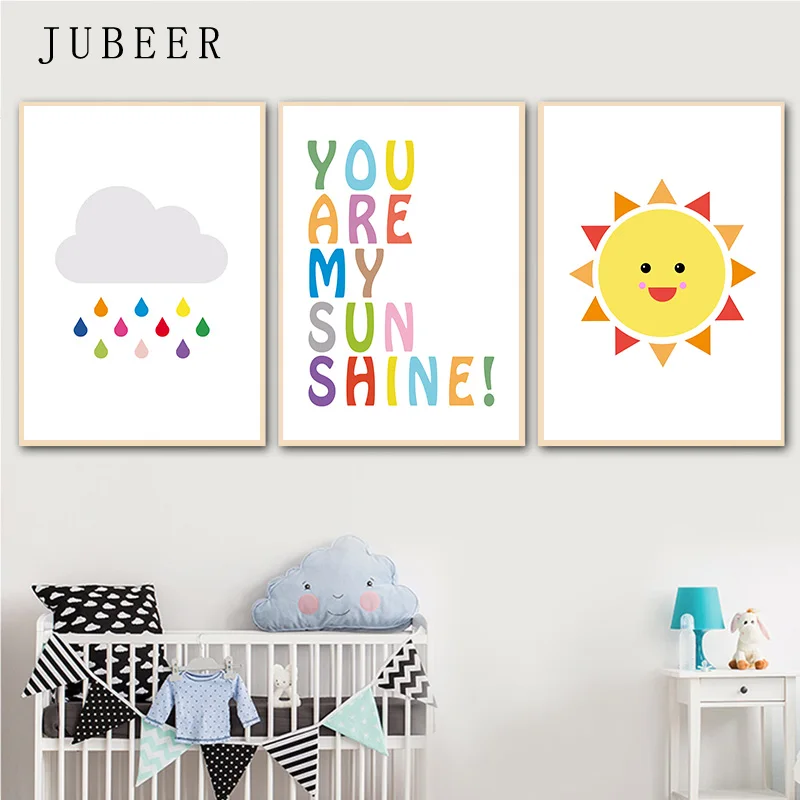 

Nursery Decor Gallery Wall Poster Wall Art Rainbow Sun Cloud Canvas Painting You Are My Sunshine Baby Room Decorations for Kids