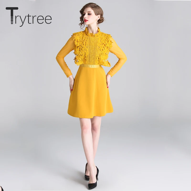 Trytree осеннее Элегантное повседневное однотонное желтое платье с кружевным стоячим воротником, полиэфирное женское платье, уличное ТРАПЕЦИЕВИДНОЕ ПЛАТЬЕ выше колена