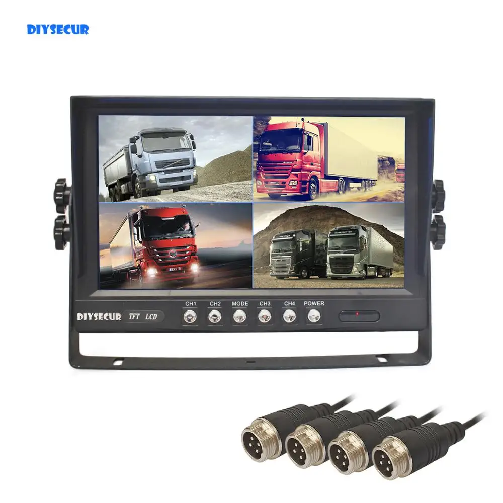 

Дисплей заднего вида DIYSECUR, экран 9 дюймов, 4 канала, 4 разъема, для камеры заднего вида грузовика, автобуса, 12-24 В постоянного тока