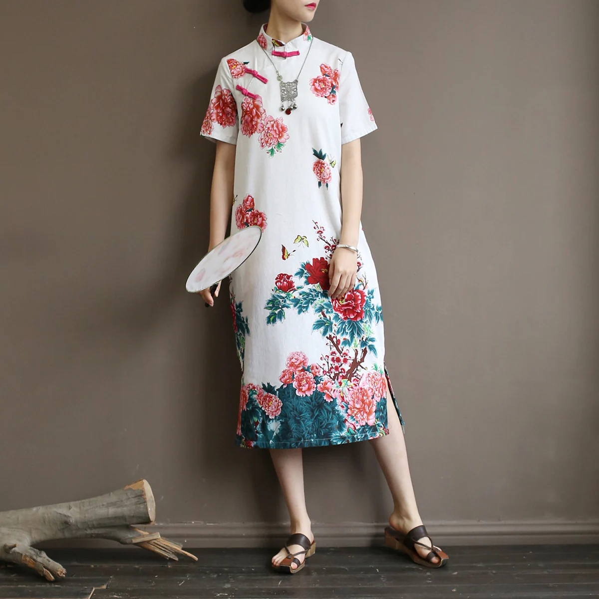 Johnature женское платье в китайском стиле со стоячим коротким рукавом Cheongsam летнее Новое винтажное платье с цветочным принтом из хлопка и льна