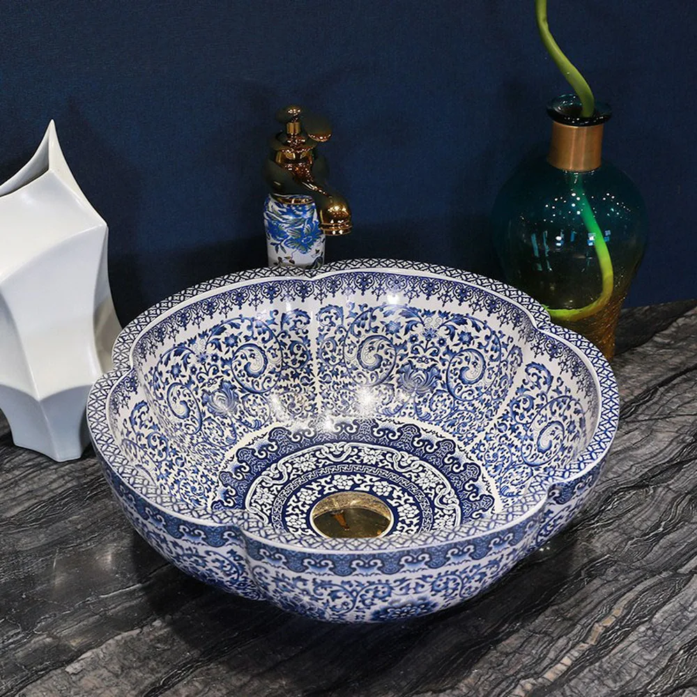 Jingdezhen синий и белый фарфор горшечный цветок круглый умывальник над керамической