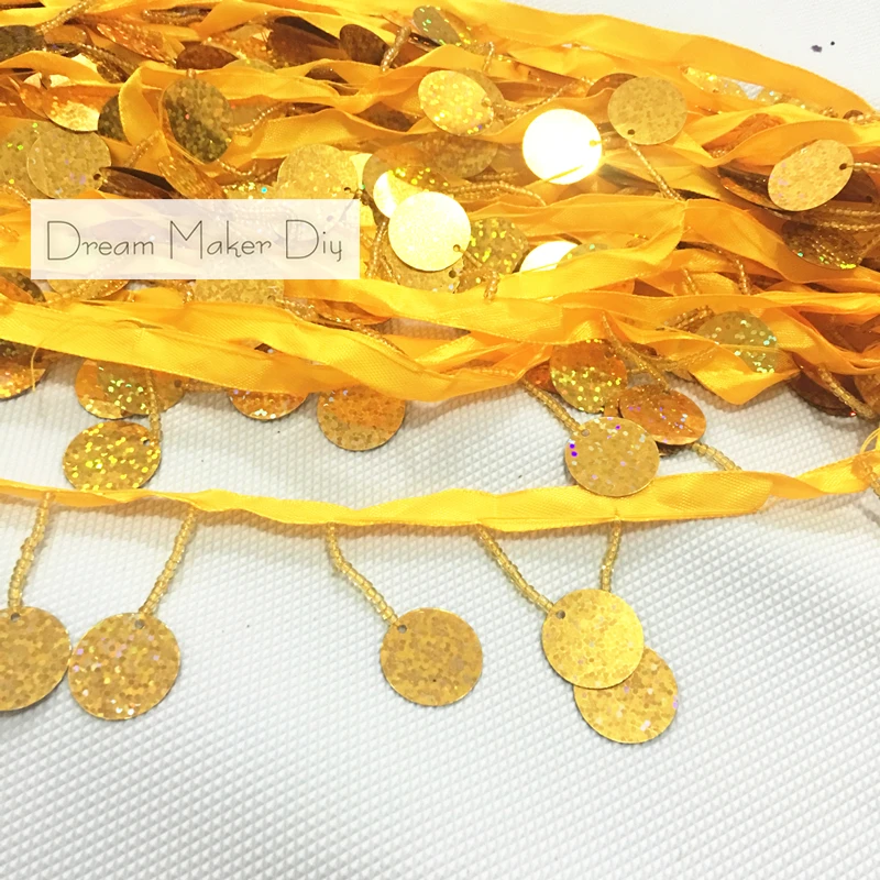 Блестящий Золотой с бахромой расшитая блестками Лента кисточками бисером длина