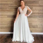 Женское свадебное платье с V-образным вырезом, кружевной аппликацией и длинным рукавом, сексуальное блестящее свадебное платье