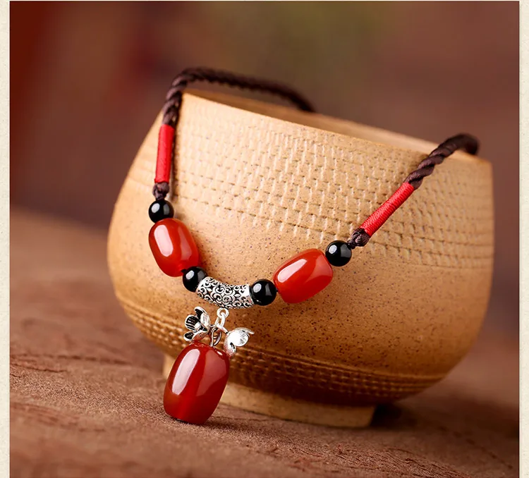 S 925 Siver Jewelry Necklace Chainbone Chain Women Clothes Accessories Wild Agate Pendant National Wind Red size 45CM | Украшения и