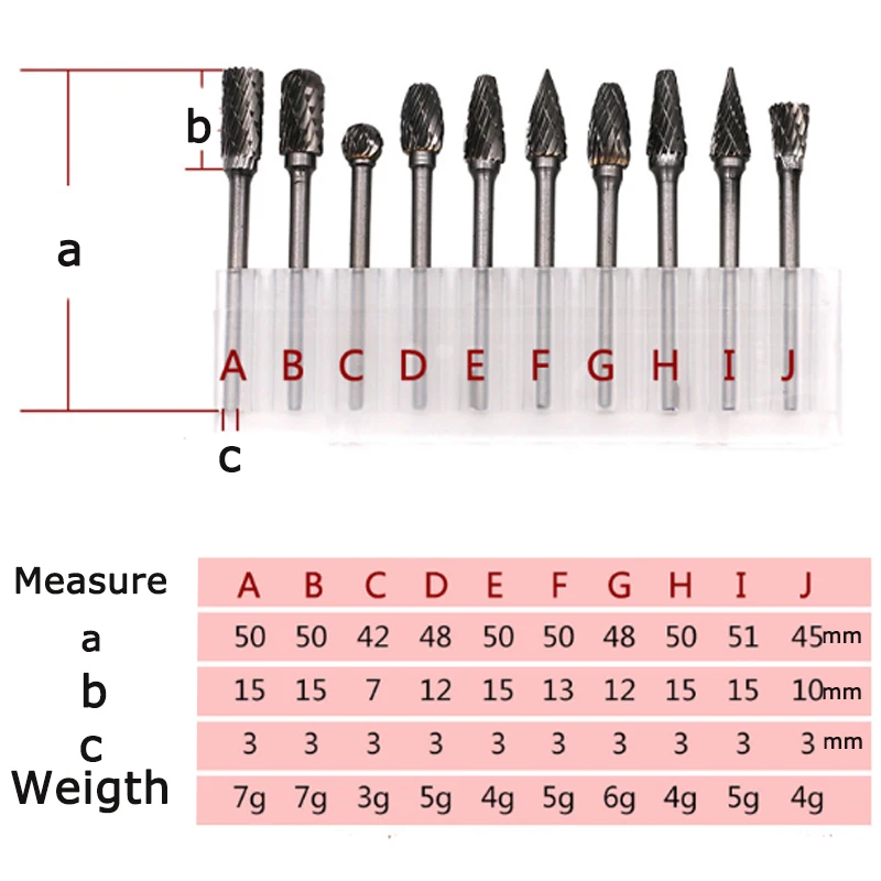 

10pcs/Set 6*3mm Double Groove Rotary File Cutter Tungsten Carbide Burrs Files Engraving Tool for Grinding Wood Metal Marble A-J