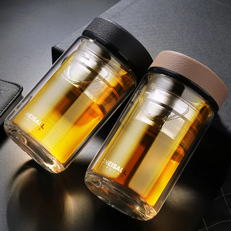 Кожаная бутылка для воды из нержавеющей стали с фильтром заварки чая двухслойная