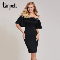 tanpell off the shoulder cocktail dress black half sleeves knee length sheath gown women bead homecoming short cocktail dresses