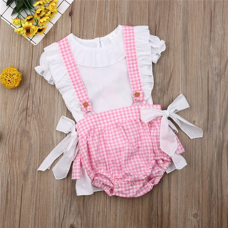 

Newborn Baby Girl Princess Clothes Fashion Baby Girls White Short Sleeve Cotton Top T-shirt+Bow Plaid Sling Shorts Outfits 0-24M