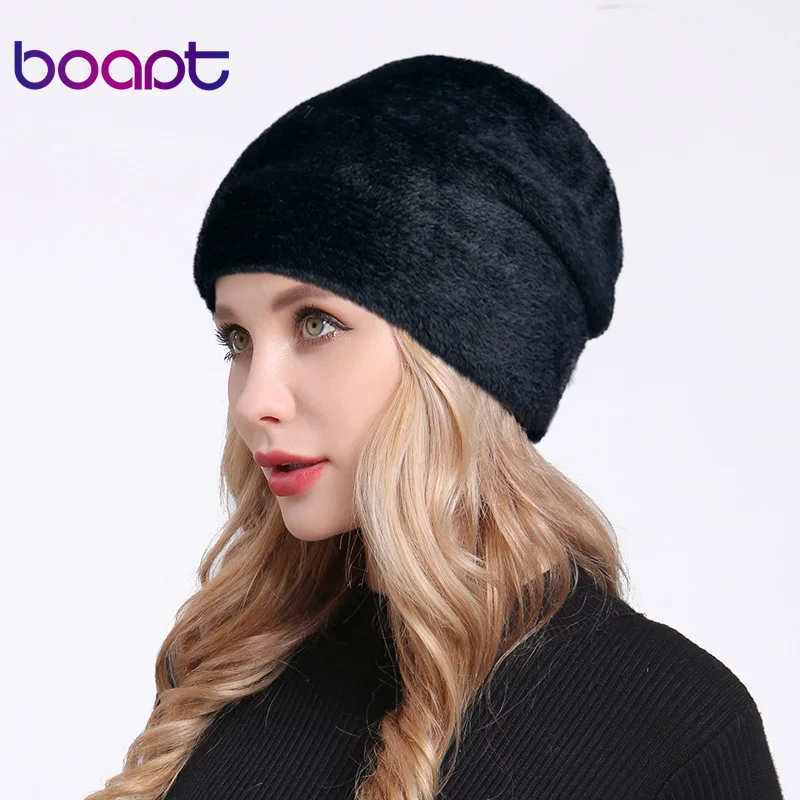 [boapt] Imitate Mink Double layer Soft Wool Winter Hats For Women Thick Warm Caps Female Brand Skulls beanies Ladies Hat Bonnet - Цвет: Черный