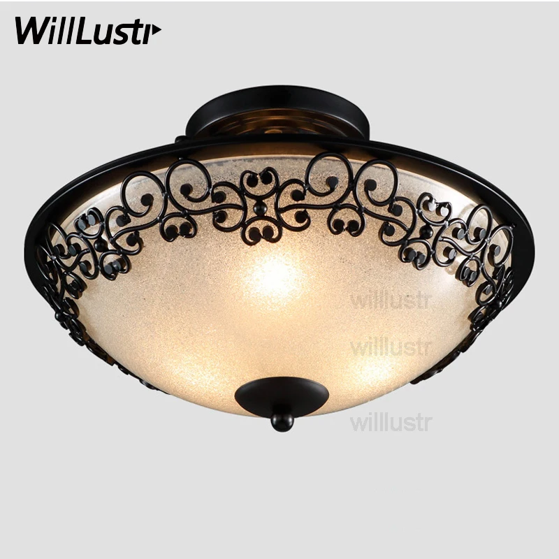 

willlustr frosted glass shade ceiling lamp flower pattern decor iron lighting porch foyer bedroom loft Europe FLUSHMOUNT light