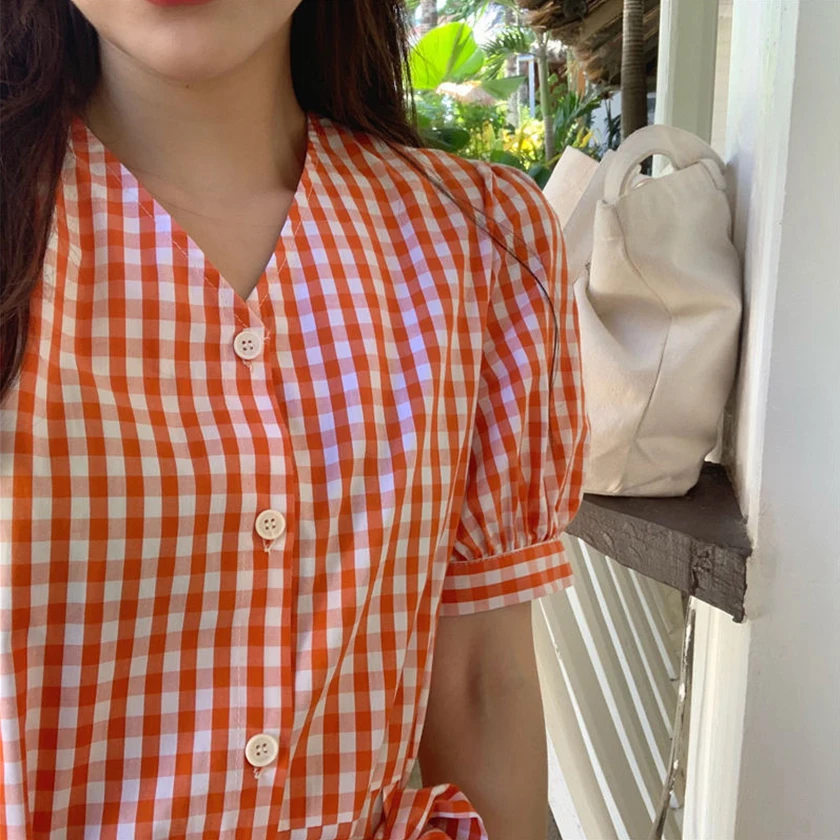 Women Summer Plaid Single Breasted Long Dress V Neck High Waist Short Sleeve Dresses Korean Style Clothing With Belt D97201F | Женская