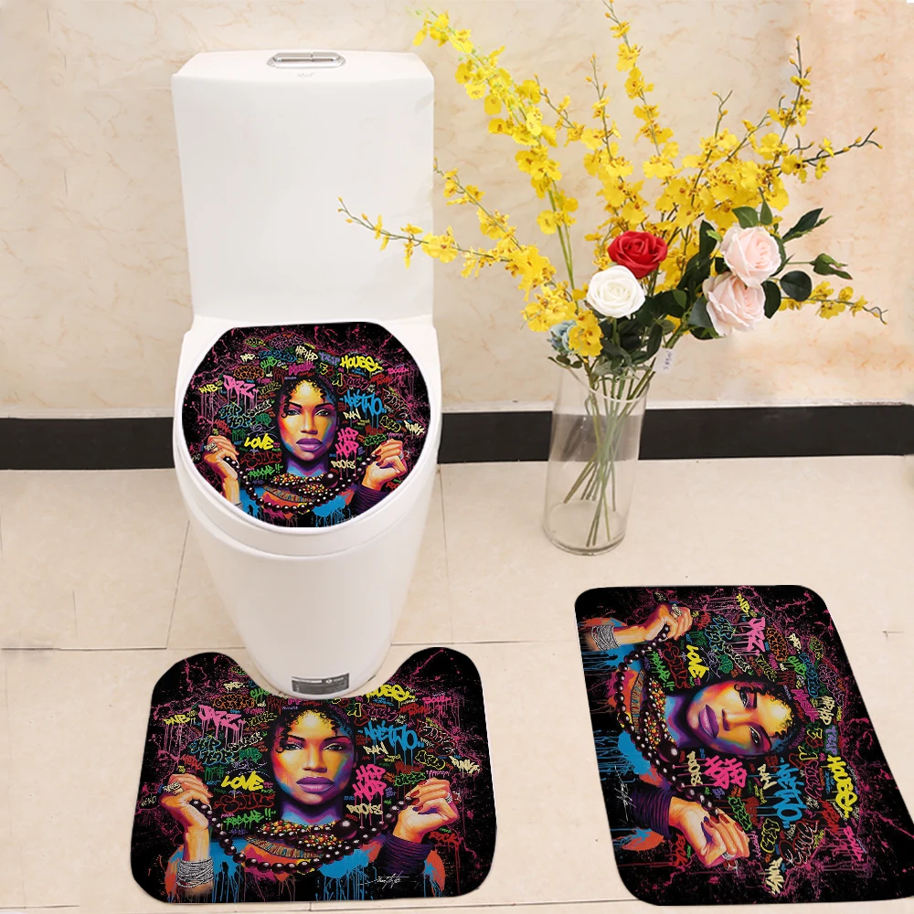 

Miracille Artistic Africa Women Printed Shower Curtain Set Polyester Bath Curtain With Bathroom Mat Set EU Portrait