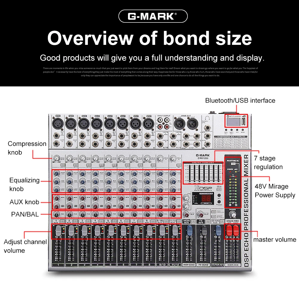 G-MARK GMX1200 профессиональный звуковой микшер микшерный пульт dj Studio 12 каналов 8 моно 4 стерео 7 Бренд EQ 16 эффект USB Bluebooth