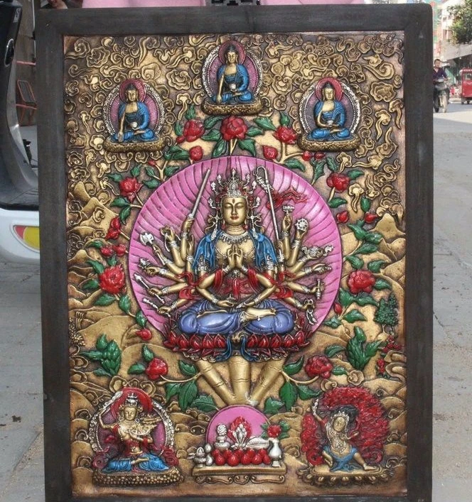 Бесплатная доставка 30.4 &quotТибет Деревянный Меди Живопись 1000 Arms Авалокитешвара