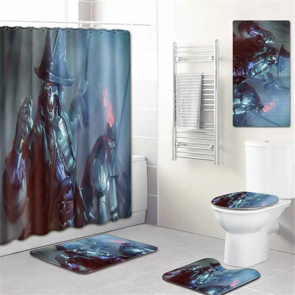 5Pcs/Set 3D Skull Shower Curtain Bath Rug Set Toilet Cover Bath Mat Set Bathroom Accessories Curtains With Hooks