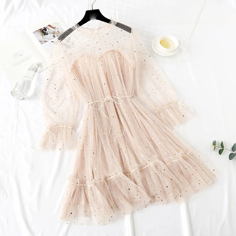 2019 New Women Fashion Dress Stand Collar Mesh See-through Lace Fairy Dresses Femme Vestidos Evening Party Elegant | Женская одежда