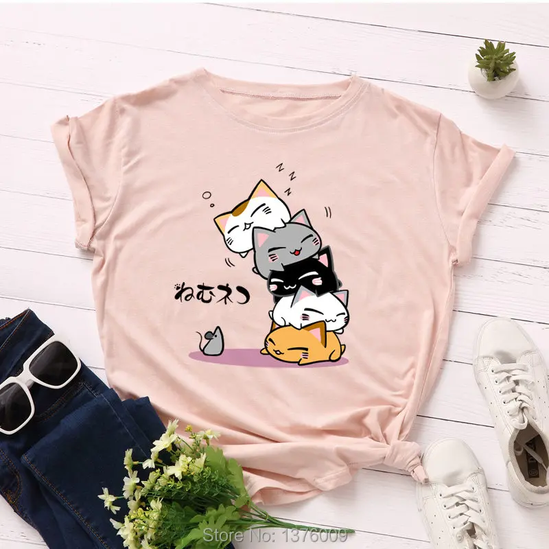Летняя футболка с японскими играми женская футболка с котом Neko Atsume повседневные топы в стиле Харадзюку для школьниц Shein Mujer Tee S-5XL - Цвет: Розовый