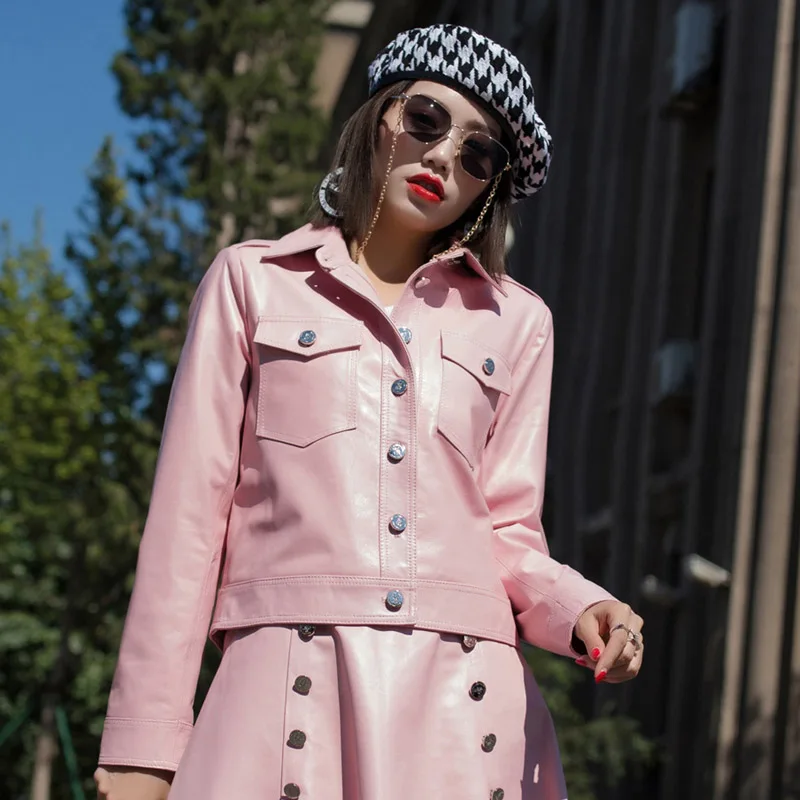 pink jackets Осенние женские Куртки из натуральной кожи розового и фиолетового цвета,, корейские тонкие короткие пальто из натуральной овчины, Женская Повседневная Уличная одежда - Цвет: pink jackets