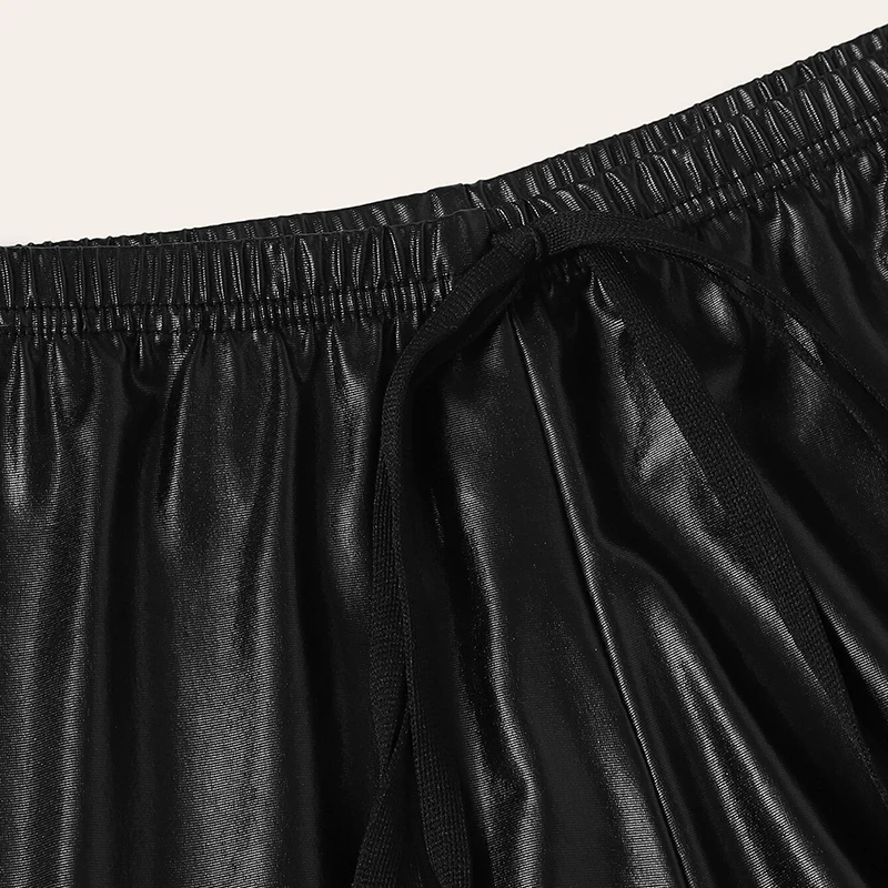 SHEIN однотонные шорты из искусственной кожи с завязками на талии, женская одежда, женские Гламурные Серебристые летние шорты с эластичной талией