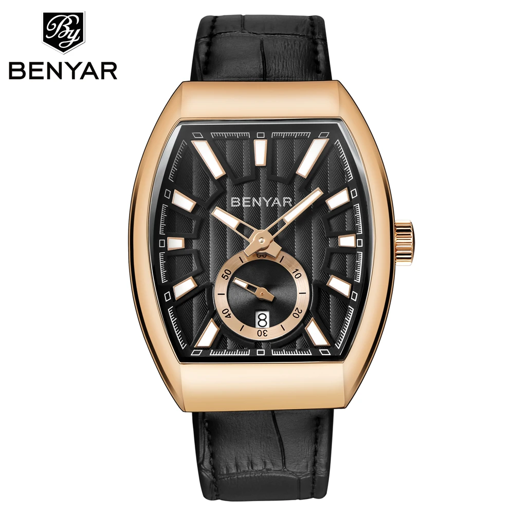 Gold Blakc Топ класса люкс BENYAR новые кварцевые мужские s часы Брендовые мужские военные кожаные мужские спортивные часы ЧАС ДАТА водонепроницаемые Relogio Masculino - Цвет: Gold Blakc