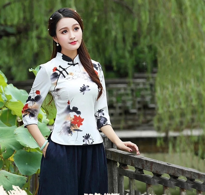Китайские Топы Cheongsam для женщин весна лето Шанхай Тан одежда Женская Ретро винтажная рубашка женские китайские Топы TA1525