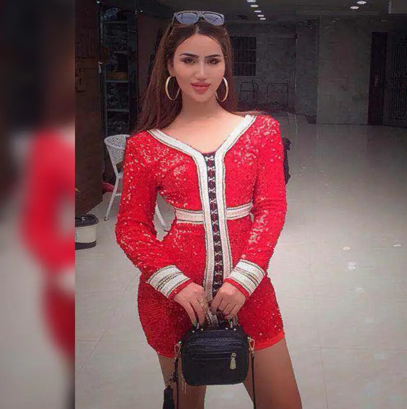 Красный Ocstrade синий V шеи с длинным рукавом Мини блёстки высокое качество Bodycon платье HW240-Blue - Цвет: Красный