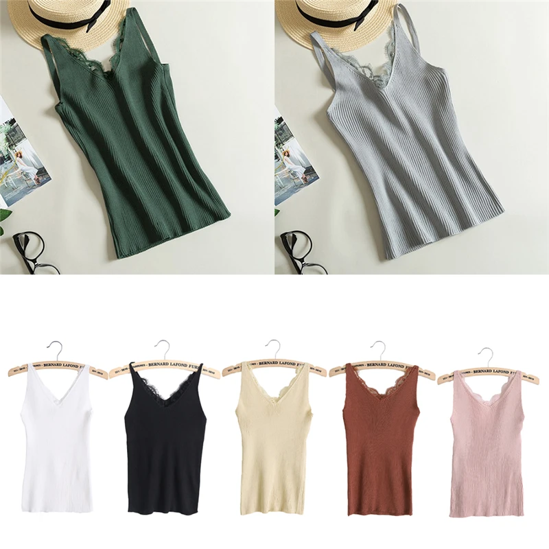 

Sexy Women Plain Camisole Lace Splicing Double V-neck Vest Slim Sling Camis