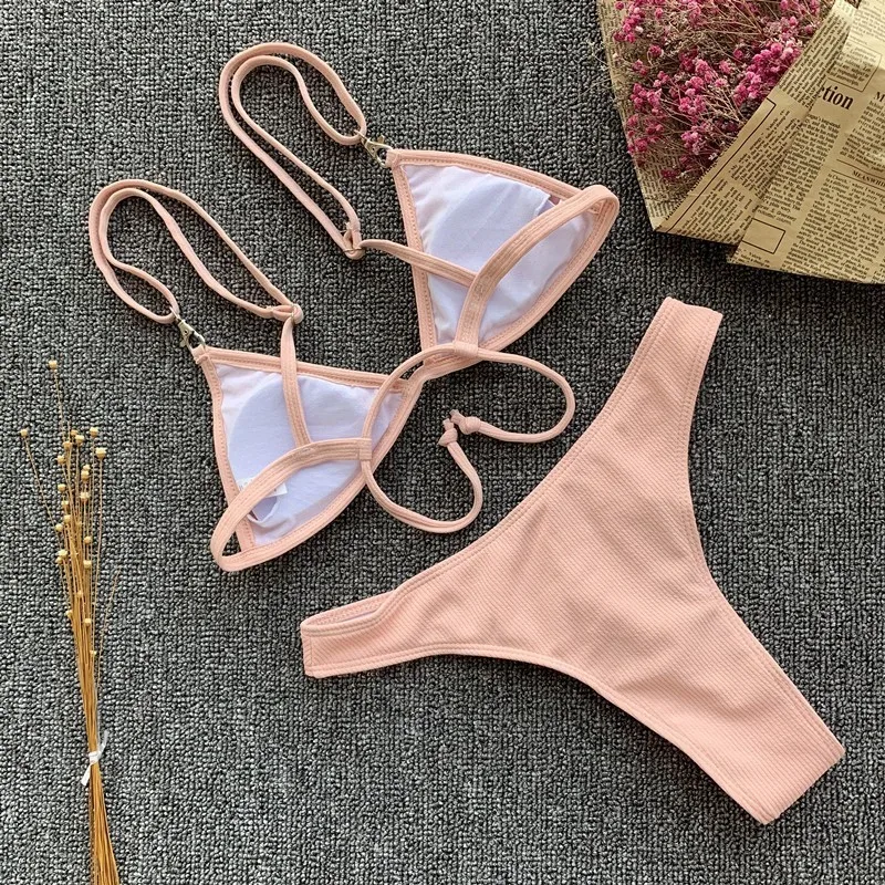 Сексуальный однотонный купальник с высокими плавками женский треугольный