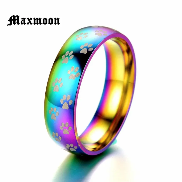 Maxmoon New Fashion Cute Dog Cat Paw Stainless Steel Beautiful Rainbow Anime Pet Finger Rings for Women Men Jewelry Nice Gift | Украшения и