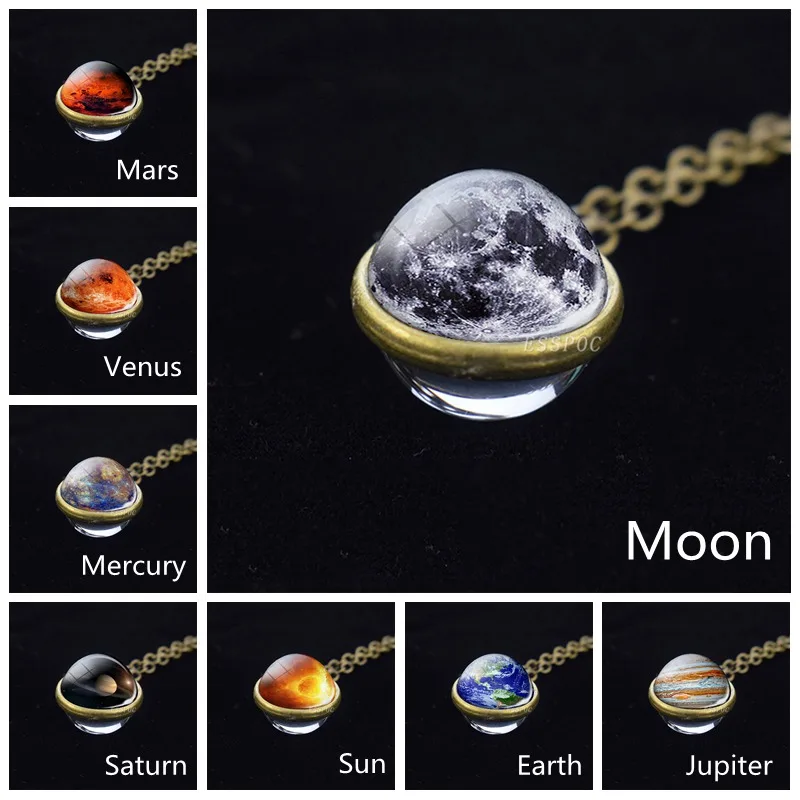 

Fashion Solar System Moon Earth Sun Mars Jupiter Planet Necklace Double Side Glass Ball Necklace Pendant Universe Space Jewelry