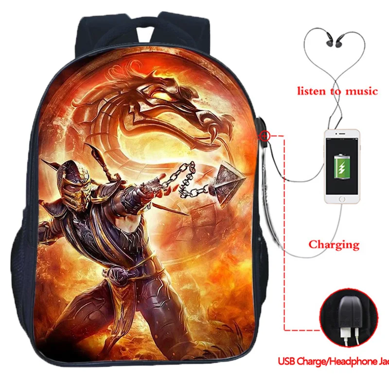 Scorpion In Mortal Kombat X Mask Backpack Mochila Laptop Backpack Teens Women Men Casual Rucksack School Travel Bags USB Charge