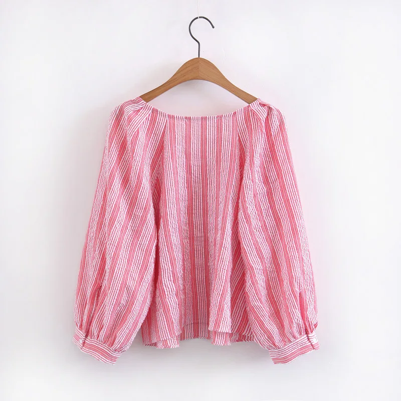 PERHAPS U women o neck red white striped lantern sleeve three quarter button high street loose blouse shirt B0049 |