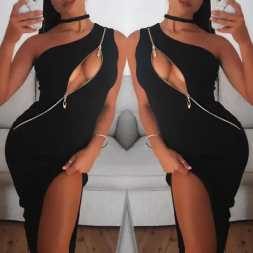

New Fashion Women Summer Dress Sexy Bodycon One Shoulder Zipper Dress Hollow Out Sexy Ladies Split Evening Party Clubwear