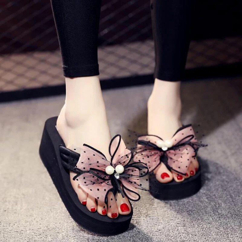 Женские пляжные шлепанцы Нескользящие сандалии на платформе с большим бантом