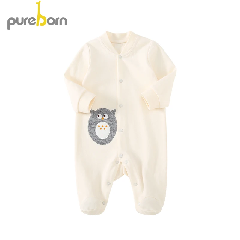 Beige Owl Pureborn/ хлопковые Ползунки для новорожденных мальчиков и девочек; весенние комбинезоны; Верхняя одежда; одежда для сна с рисунками животных из мультфильмов - Цвет: Beige Owl