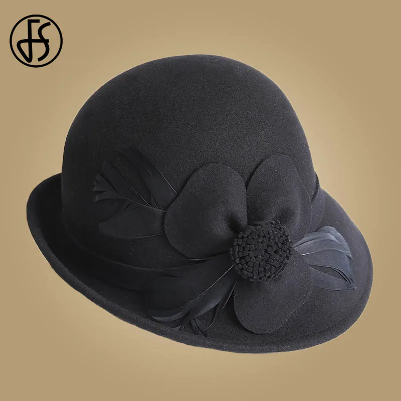 Женские шляпки из 100% шерсти FS элегантные с широкими полями и перьями красные