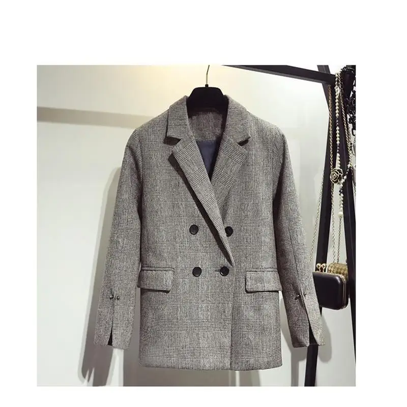 Новый Винтажный клетчатый двубортный костюм на весну и осень облегающий