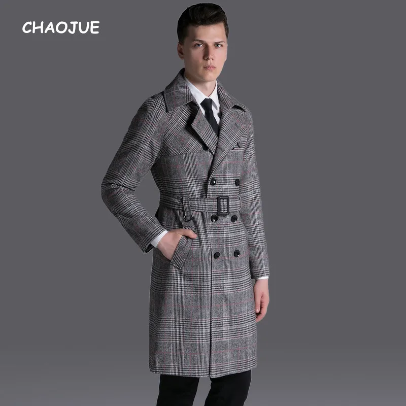 

CHAOJUE Brand Vintage Plaid Trench Long 2018 Mens Causal Double Breasted Retro Grid Coat Male S-6XL Raglan Sleeve Pea Coat