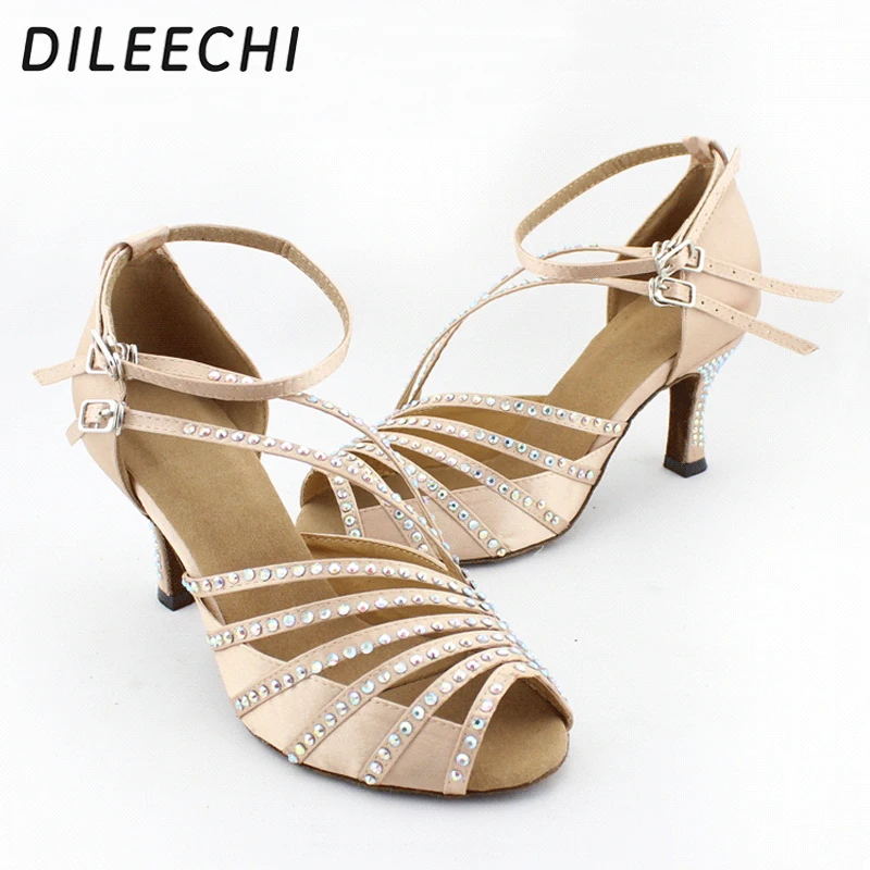 DILEECHI Skin color satin rhinestones shoes women's Latin dance soft outsole Salsa Tango Square | Спорт и развлечения