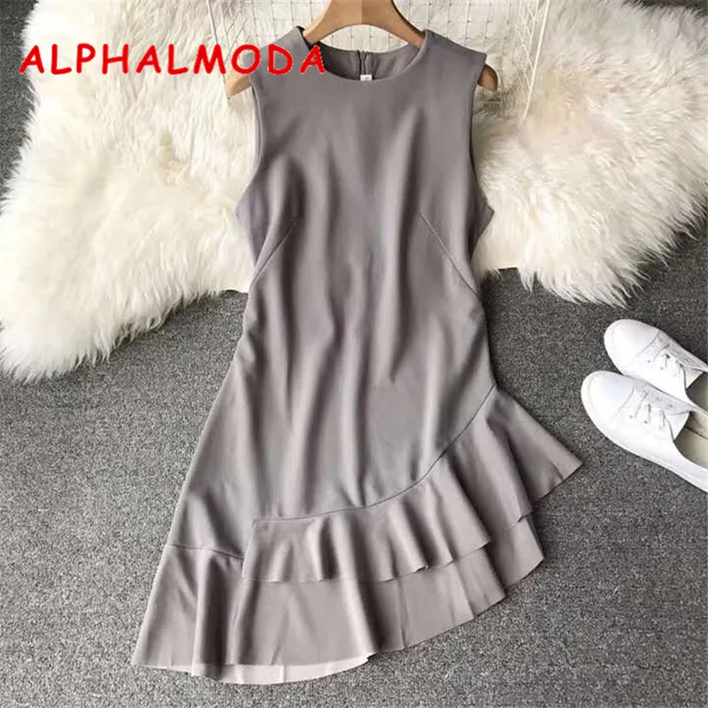 ALPHALMODA летнее женское платье на бретелях без рукавов с неровным гофрированным подолом, женское облегающее мини милое платье