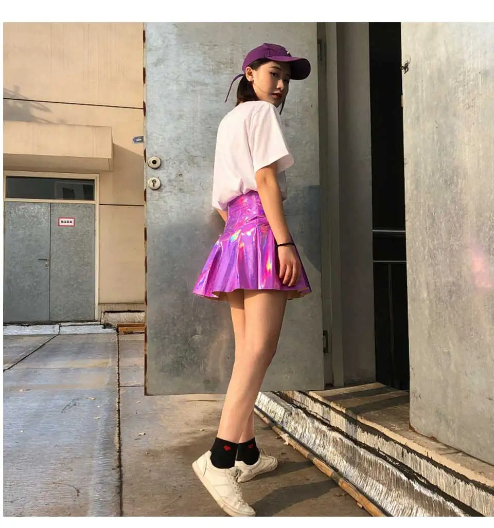 Женская мода Harajuku юбка в складку из искусственной кожи короткая голографическая юбка Уличная Сексуальная Высокая талия мини юбка для девочек