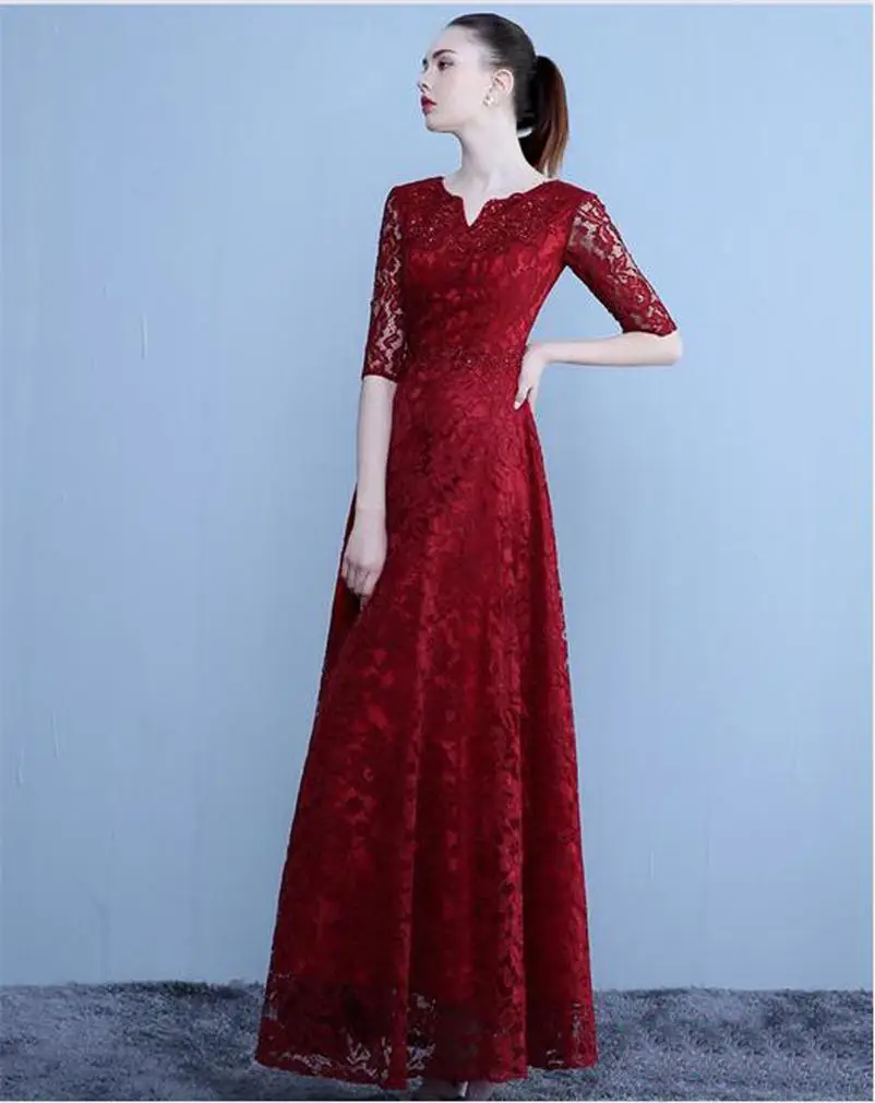 Burgundy Lace Formal Evening Dresses for Wedding Zipper Good Quality Prom Party Gowns Vestido De Noche Custom Made Half Sleeve |